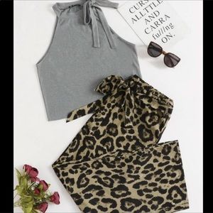 Tie Neck Halter Top Self Belted Leopard Pants Set